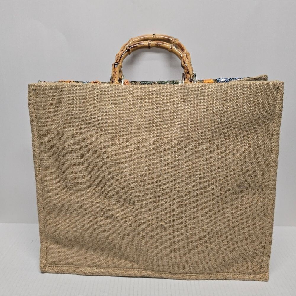 Boho Floral Embroidered Sequined Jute Summer Beach Tote Bag Colorful - Picture 3 of 9